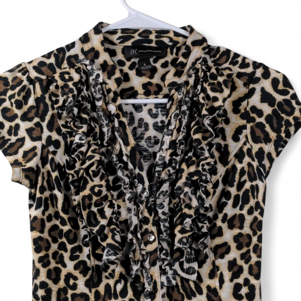 INC Women S Ruffle Front Leopard Print 100% Rayon Brown Mob Wife Office Siren - Picture 5 of 9